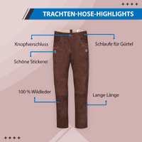 Elegant dark brown traditional ladies' trousers made from 100% suede. Featuring a button closure, intricate embroidery, and a long-length design. Includes a loop for a belt, perfect for authentic German Trachten wear. Ideal for stylish occasions—buy now!