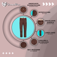 Explore our women’s traditional Bavarian trousers! Made from 100% suede in dark brown, these durable leather pants feature button-back pockets, side pockets, and adjustable cords for the perfect fit—all at a great price!