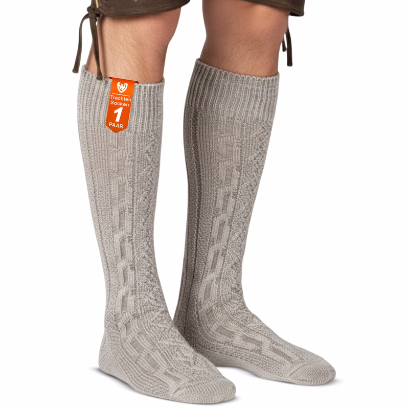 Bavarian Trachten socks for Oktoberfest Front view of premium Bavarian Trachten socks in elegant cable knit design, crafted from soft cotton blend for comfort and durability. Perfect for Lederhosen, Oktoberfest, and traditional German attire. Rustic yet stylish.