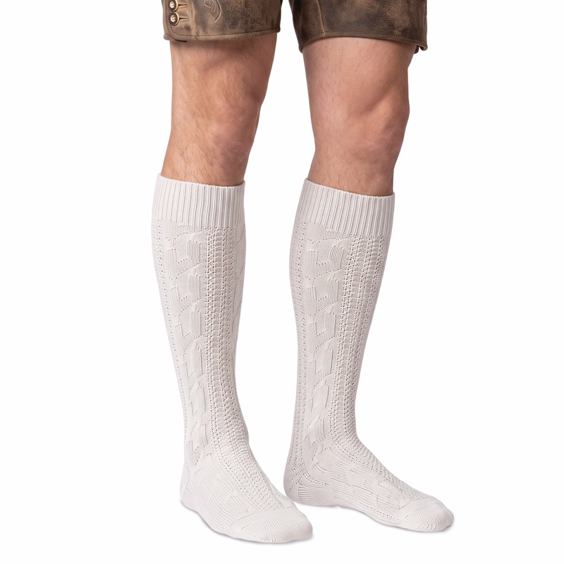 Bavarian Trachten socks for Oktoberfest Front view of premium Bavarian Trachten socks in elegant cable knit design, crafted from soft cotton blend for comfort and durability. Perfect for Lederhosen, Oktoberfest, and traditional German attire. Rustic yet stylish.