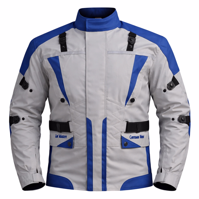 Cordura Textile Motorcycle jackets Cordura blue motorcycle jacket in both front& rear views. It comes equipped with protectors for the arms, shoulders, elbows, back, and chest. Additionally, 2front pockets are closed by push buttons. This jacket is offered in 2 additional underlying colors