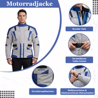 Cordura-Textil-Motorradjacken Vorderansicht der blauen Herren-Motorradjacke aus strapazierfähigem Cordura-Polyester 600D. Ausgestattet mit Protektoren, Reißverschluss- und Klettverschlüssen sowie Reflektoren für erhöhte Sichtbarkeit und Sicherheit.