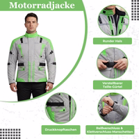 Cordura-Textil-Motorradjacken Die Herren-Motorradjacke in Grün, dargestellt in Vorderansicht, besteht aus einer robusten Außenschicht aus Cordura-Polyester 600D. Sie ist mit integrierten Protektoren, Reißverschluss- und Klettverschlüssen ausgestattet und verfügt über Reflektoren für be