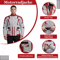 Cordura-Textil-Motorradjacken Die Herren-Motorradjacke in Rot zeigt eine Vorderansicht und verfügt über eine strapazierfähige Außenschicht aus Cordura-Polyester 600D, integrierte Protektoren, Reißverschluss- und Klettverschlüsse sowie Reflektoren für bessere Sichtbarkeit.