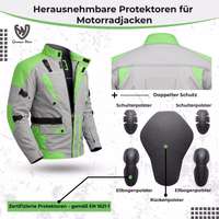 Cordura-Textil-Motorradjacken Motorradjacke mit Text: Herausnehmbare Protektoren, Zertifizierte Protektoren gemäß EN 1621-1, Schulter-, Ellbogen- und Rückenpolster.