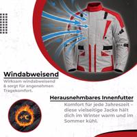 Cordura-Textil-Motorradjacken Motorradjacke mit Text: Windabweisend, Herausnehmbares Innenfutter. Grafik zeigt Windpfeile und Feuersymbol für Wärme.