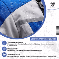 Cordura-Textil-Motorradjacken Blaue Herren-Motorradjacke in Vorderansicht, gefertigt aus robustem Cordura-Polyester 600D. Sie verfügt über Protektoren, Reißverschluss- und Klettverschlüsse sowie Reflektoren zur verbesserten Sichtbarkeit und Sicherheit im Straßenverkehr.