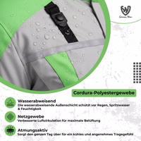 Cordura-Textil-Motorradjacken Motorradjacke mit Text: Cordura-Polyestergewebe, Wasserabweisend, Netzgewebe, Atmungsaktiv. Nahaufnahme mit Wassertropfen.