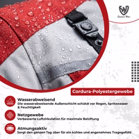 Cordura-Textil-Motorradjacken Motorradjacke mit Text: Cordura-Polyestergewebe, Wasserabweisend, Netzgewebe, Atmungsaktiv. Nahaufnahme mit Wassertropfen.