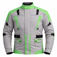 Cordura-Textil-Motorradjacken Cordura-Grüne Motorradjacke in Vorder- und Rückansicht. Sie ist mit Protektoren für Arme, Schultern, Ellbogen, Rücken und Brust ausgestattet. Zusätzlich werden 2 Fronttaschen mit Druckknöpfen verschlossen. Diese Jacke ist in 2 weiteren Basisfarben erhältli