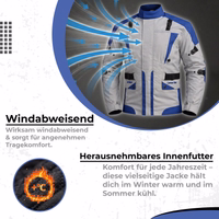 Cordura-Textil-Motorradjacken Motorradjacke mit Text: Windabweisend, Herausnehmbares Innenfutter. Grafik zeigt Windpfeile und Feuersymbol für Wärme.