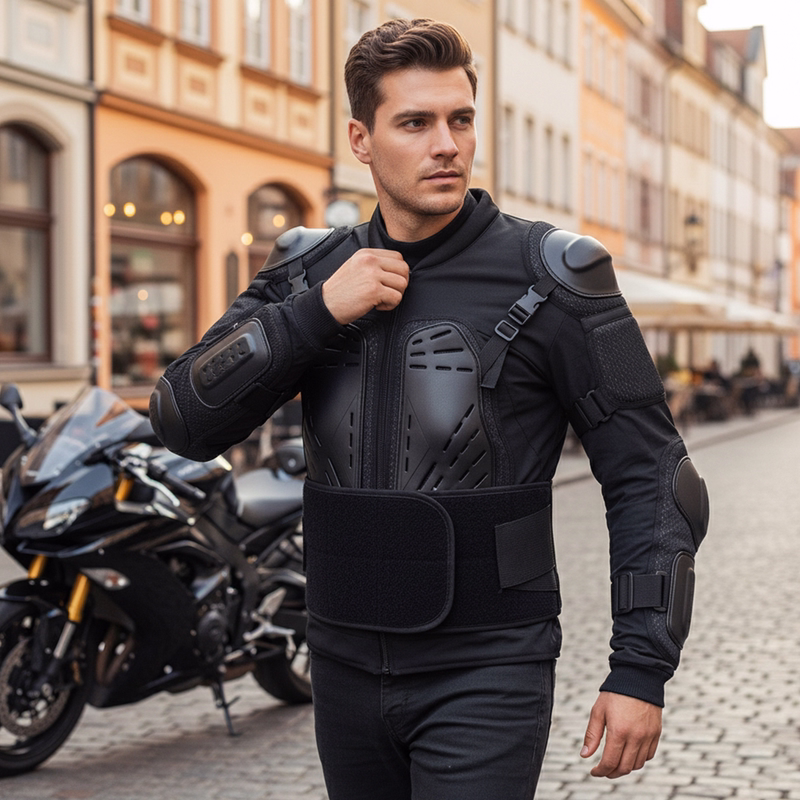 German Wear Motorcycle Protective Jacket Front and back views of a black motorcycle protective jacket with a visible German Wear label on the collar.