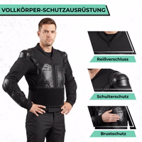 Motorrad-Protektorenjacke an einem Herren mit Detailaufnahmen von Reißverschluss, Schulterschutz und Brustschutz.