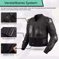 Protektorenjacke mit Detail-Inlays zu verstellbaren Schultern, verstellbaren Ärmeln und breiterem Bund mit Klettverschluss.