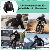 Protektorenjacke im Einsatz mit Text: Motorradfahren, Motocross, BMX, Wintersportarten und All-in-One-Schutz.