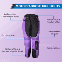 Ladies Motorbike trousers Cordura textile Combi trousers The front view of classic Ladies Motorcycle Pants Combi suit. Crafted with Cordura Polyester 600D fabric for durability and featuring convenient thigh pockets. German Wear™ excellence for fearless riders.