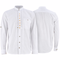 Front and back views of a classic white Trachtenhemd. Dieses Langarmhemd aus 100% Baumwolle mit feiner Stickerei bietet Frontknopfleiste und Ärmelknöpfe zum Hochrollen – traditionell und bequem.