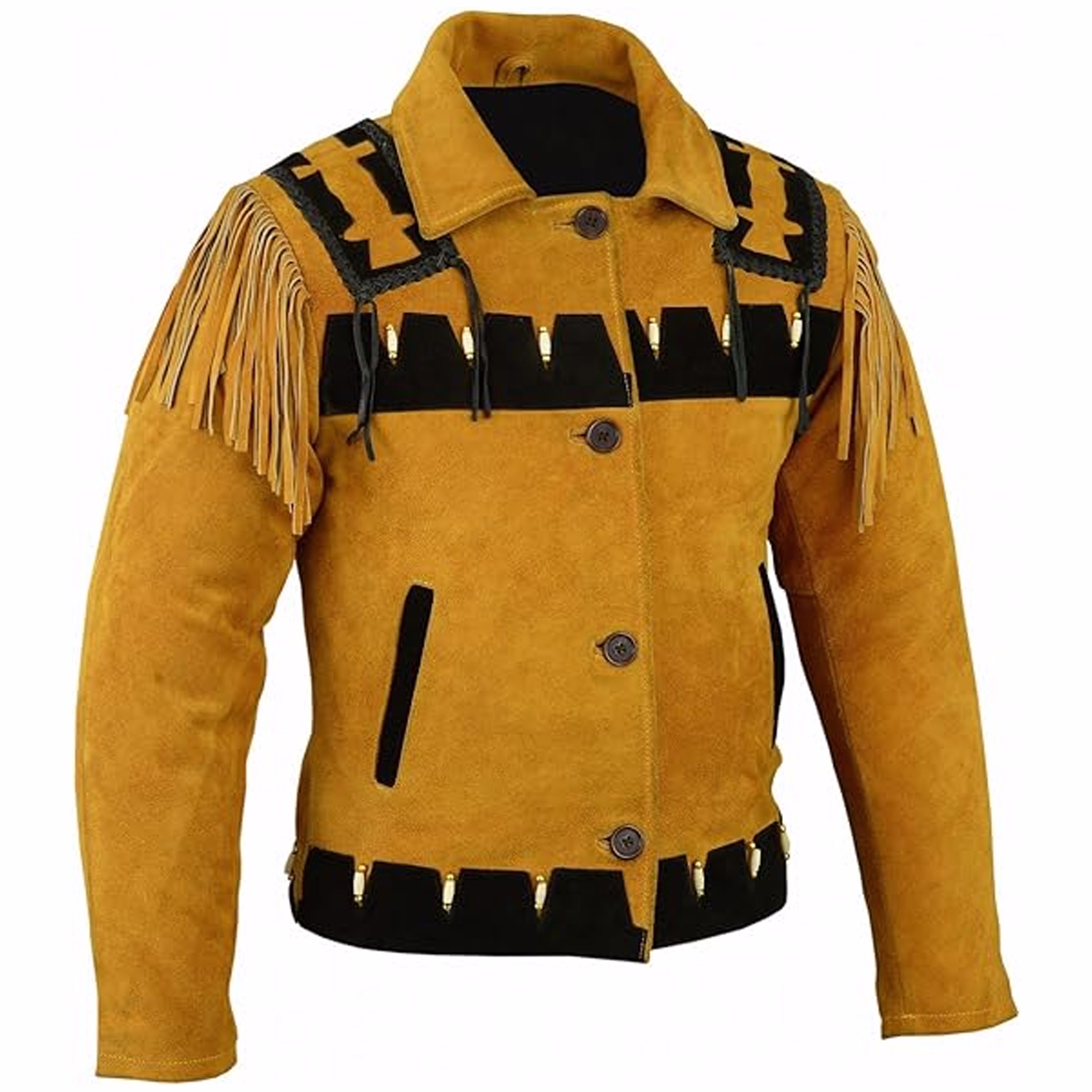 Vorderansicht einer Western-Lederjacke mit reichlich Fransen im Indianer-Stil an den Schultern. Mit Seitentaschen, Knopfverschluss und Polyesterfutter. Gefertigt aus 100 % Wildleder vereint sie robusten Stil mit traditionellen Details.
