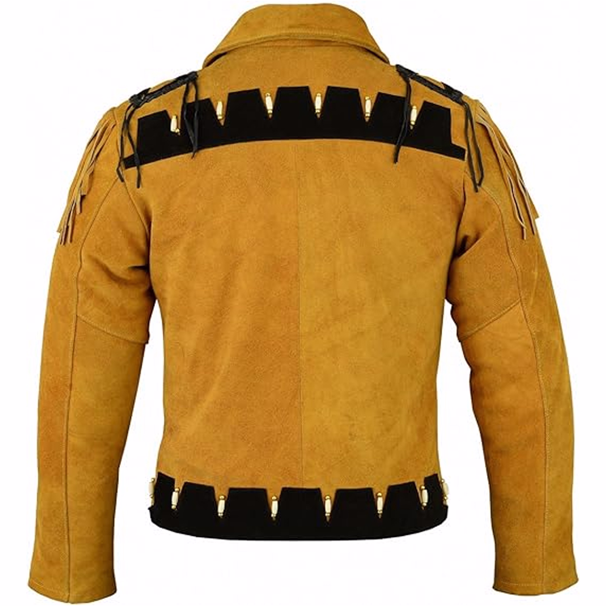 Eine Herren-Western-Leder-Bikerjacke in Rückansicht. Sie verfügt über lange Ärmel, schwarze Ledereinsätze an Schultern und Taille sowie Fransen an den Schultern für einen dramatischen Akzent. So vereint sie den klassischen Biker-Look mit einem karnevalisti