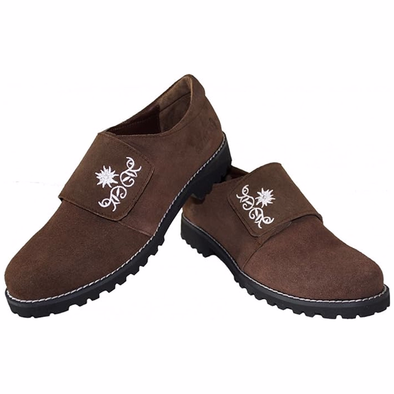 Damen Bayerische Trachtenschuhe Dunkelbraun Ein Paar dunkelbraune traditionelle bayerische Damenschuhe mit klassischem Lederhosen-Stil. Diese Trachtenschuhe spiegeln authentisches bayerisches Design wider und zeigen das Erbe traditioneller Schuhkunst.