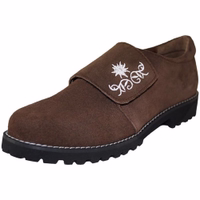 Front view of traditional Bavarian women’s shoes, also known as Trachten shoes. These handmade Edelweiss shoes feature a block heel and a round toe cap, showcasing classic craftsmanship and style in Bavarian ladies’ footwear.