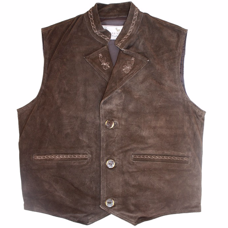 Leather Vest Cow Suede Carneval Jacket German Wear,Color: Dark Brown