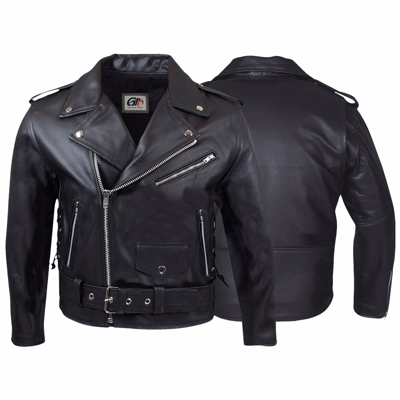 Herren-Leder-Motorradjacke Schwarz Erkunde die elegante schwarze Motorrad-Lederjacke in Vorder- und Rückansicht. Mit seitlicher Schnürung, Frontgürtel und klassischen Revers. Diese Chopper-Jacke aus 100 % Kalbsleder vereint deutsche Premium-Handwerkskunst und zeitlosen Stil.