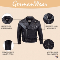 Front view of a Brando-style leather jacket with a rocker vibe. Made from 100% calfskin, it features a removable inner lining, long sleeves, a front belt, and zippered chest and side pockets for a blend of style and practicality.