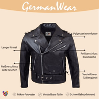 Front view of a Brando-style leather jacket with a rocker vibe. Made from 100% calfskin, it features a removable inner lining, long sleeves, a front belt, and zippered chest and side pockets for a blend of style and practicality.