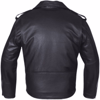 Back view of a Brando-style motorcycle jacket with a chopper design. Features include a full zipper, long sleeves, zipper chest and side pockets, and zippered cuffs. Shop now to purchase this classic jacket today!