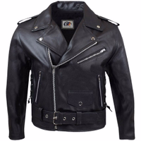 Front view of a Brando-style leather jacket with a rocker vibe. Made from 100% calfskin, it features a removable inner lining, long sleeves, a front belt, and zippered chest and side pockets for a blend of style and practicality.