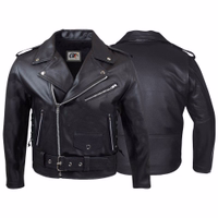 Explore the sleek black motorcycle leather jacket in front and rear views. Featuring side lacing, a front belt, and classic lapels, this chopper-style jacket is made from 100% calfskin, showcasing premium German craftsmanship and timeless style.