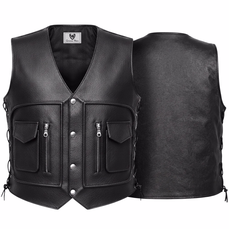 Leather west Motorbike vest Black Front& Back view of a sleek quality black leather motorcycle vest. Crafted from genuine calfskin, it offers unbeatable durability &comfort. Featuring ample pockets & a secure carabiner closure, it's a must-have for any serious biker