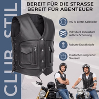 Lederweste Motorradveste Schwarz Erleben Sie echte Freiheit auf der Straße mit der verbesserten, hochwertigen Leder-Motorradweste. Aus echtem Kalbsleder von German Wear gefertigt, bietet sie beste Leistung & Stil. Fahren Sie mit Vertrauen.