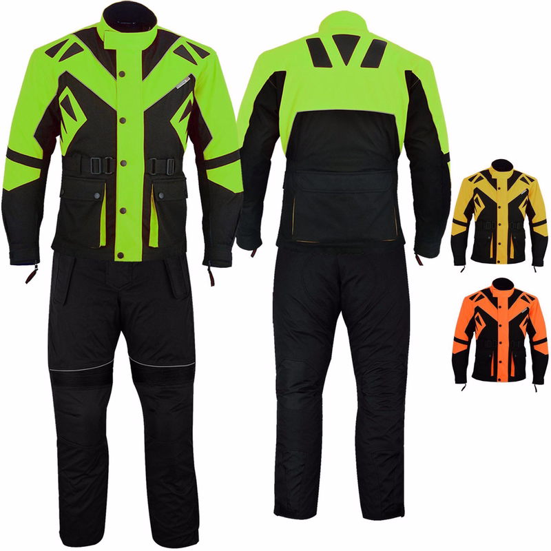 Motorcyle 2 pieces set Jacket + Pants GW300K Men's Motorcycle Suit in yellow, showcasing front and rear views. Engineered with shoulder, elbow, and back protectors for ultimate safety. Its removable lining features 2-in-1 pockets for convenience