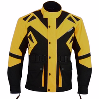 Men's motorcycle Jacket in yellow presents front view design,GW300K, featuring zipper &button closures, includes shoulder, elbow, &back protectors, with reflective piping on the front. It offers an adjustable collar, 2-piece belt, &removable lining