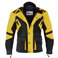 Front view of the men’s yellow Radmaster GW300K motorcycle jacket showcases a bold design with zipper and button closures. Features shoulder, elbow & back protectors, reflective front piping, adjustable collar, 2-piece belt, and removable lining.
