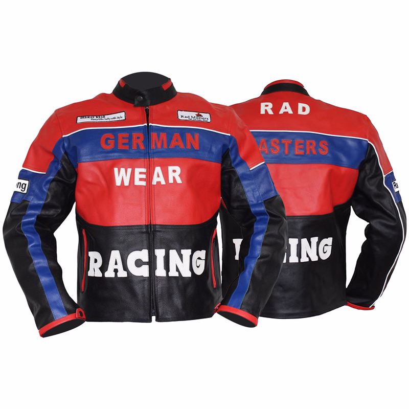 Motorcycle Cowhide Leather Bikers Jackets Men's motorcycle jacket in Blue/Red/Black color front & rear views, crafted from cowhide leather, equipped with arms, shoulders, elbow, &back protectors it also features 2 front Pockets closed with hidden Zips.