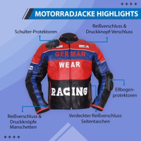 Herren-Motorradjacke in Blau/Rot/Schwarz, Vorderansicht, mit verstellbarem Klettverschluss am Bund. Ausstattung: zahlreiche Protektoren, Racing-Stil, Reißverschluss- und Druckknopfärmelbündchen, reflektierende Paspel und versteckte Reißverschlusstaschen an