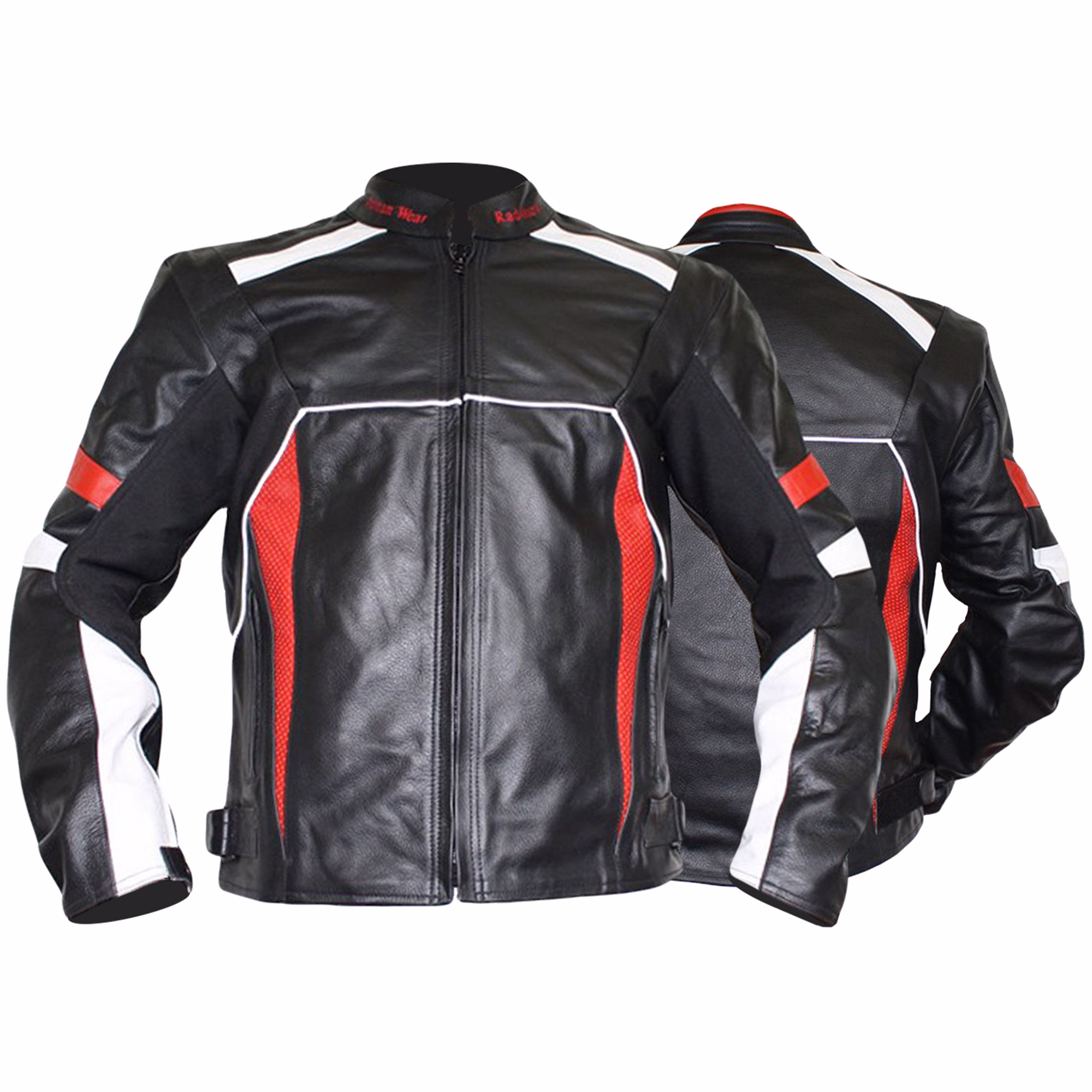 Herren-Motorradjacke aus Rindsleder in Rot, Vorder- und Rückansicht, ausgestattet mit zahlreichen Protektoren an Armen, Schultern, Ellbogen und Rücken. Zudem verfügt sie über zwei Fronttaschen mit verdeckten Reißverschlüssen.