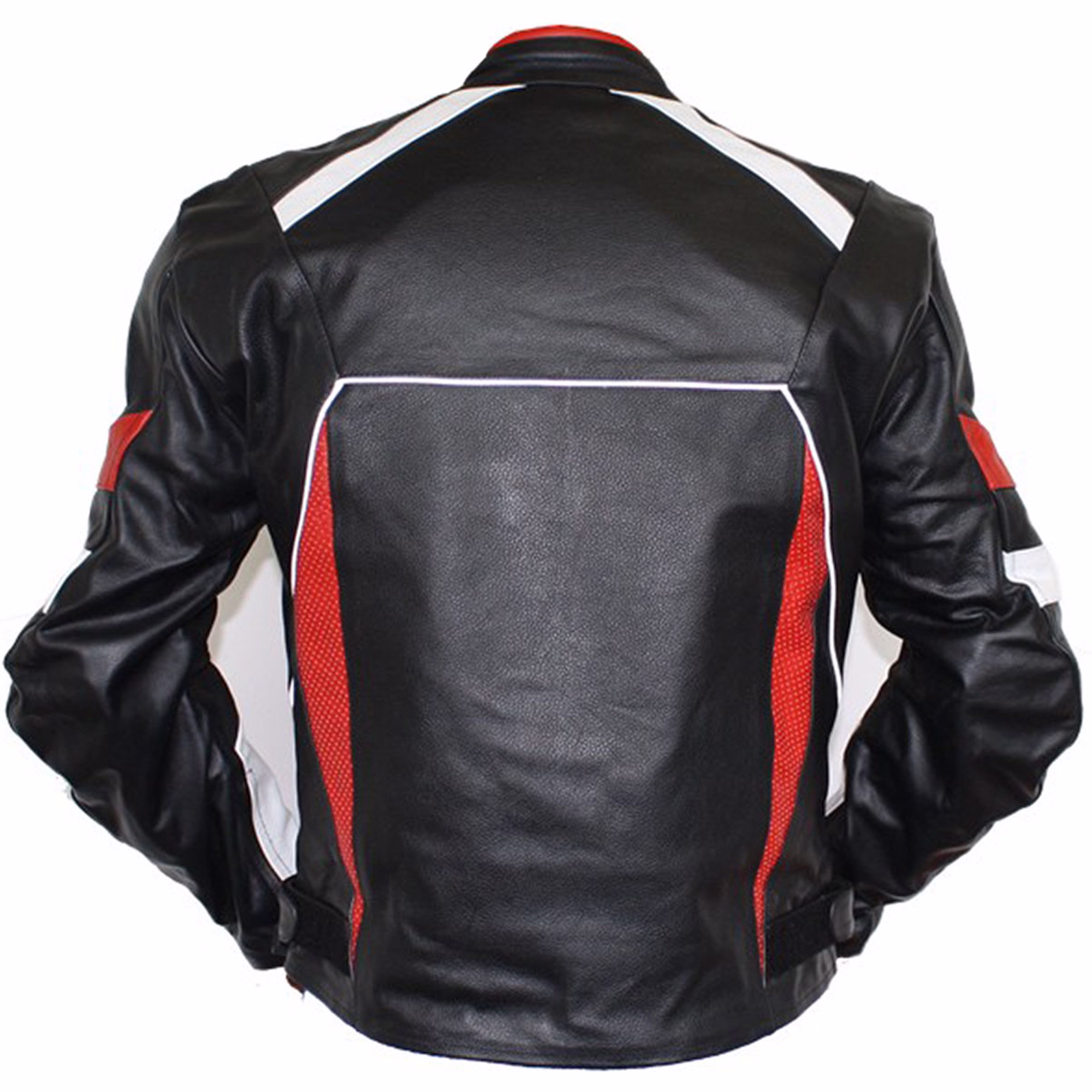 Herren-Motorradjacke in Rot, Rückansicht, ausgestattet mit Klettverschlüssen am Kragen und Saum oberhalb des Hauptreißverschlusses sowie einer Innentasche. Außerdem ist die Jacke mit einem zusätzlichen Reißverschluss kombinierbar für die Verbindung mit ver
