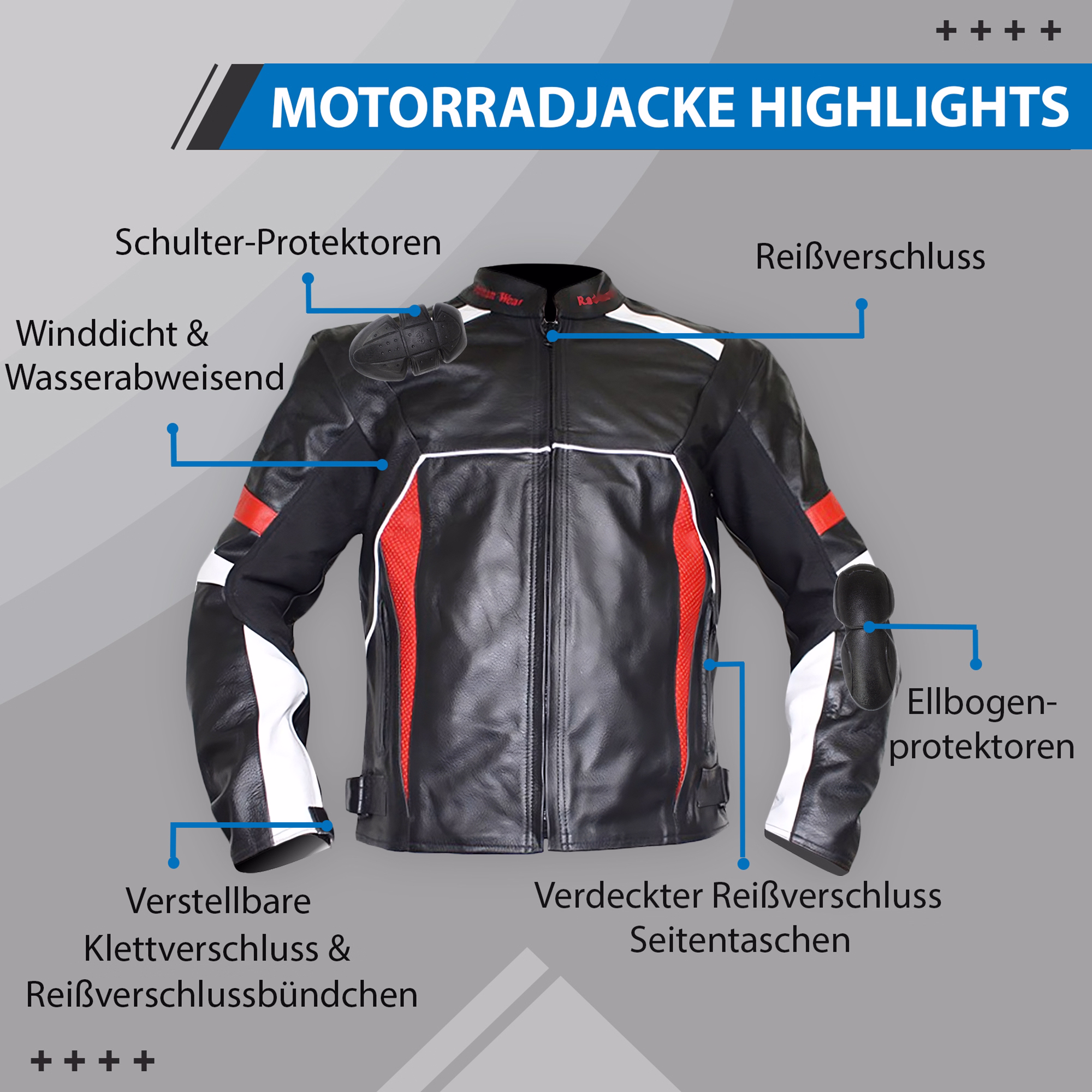 Herren-Motorradjacke in Rot, Vorderansicht, ausgestattet mit zahlreichen Protektoren. Sie verfügt außerdem über einen verstellbaren Taillengürtel, wind- und wasserabweisende Eigenschaften, verdeckte Reißverschlusstaschen an den Seiten sowie verstellbare Re