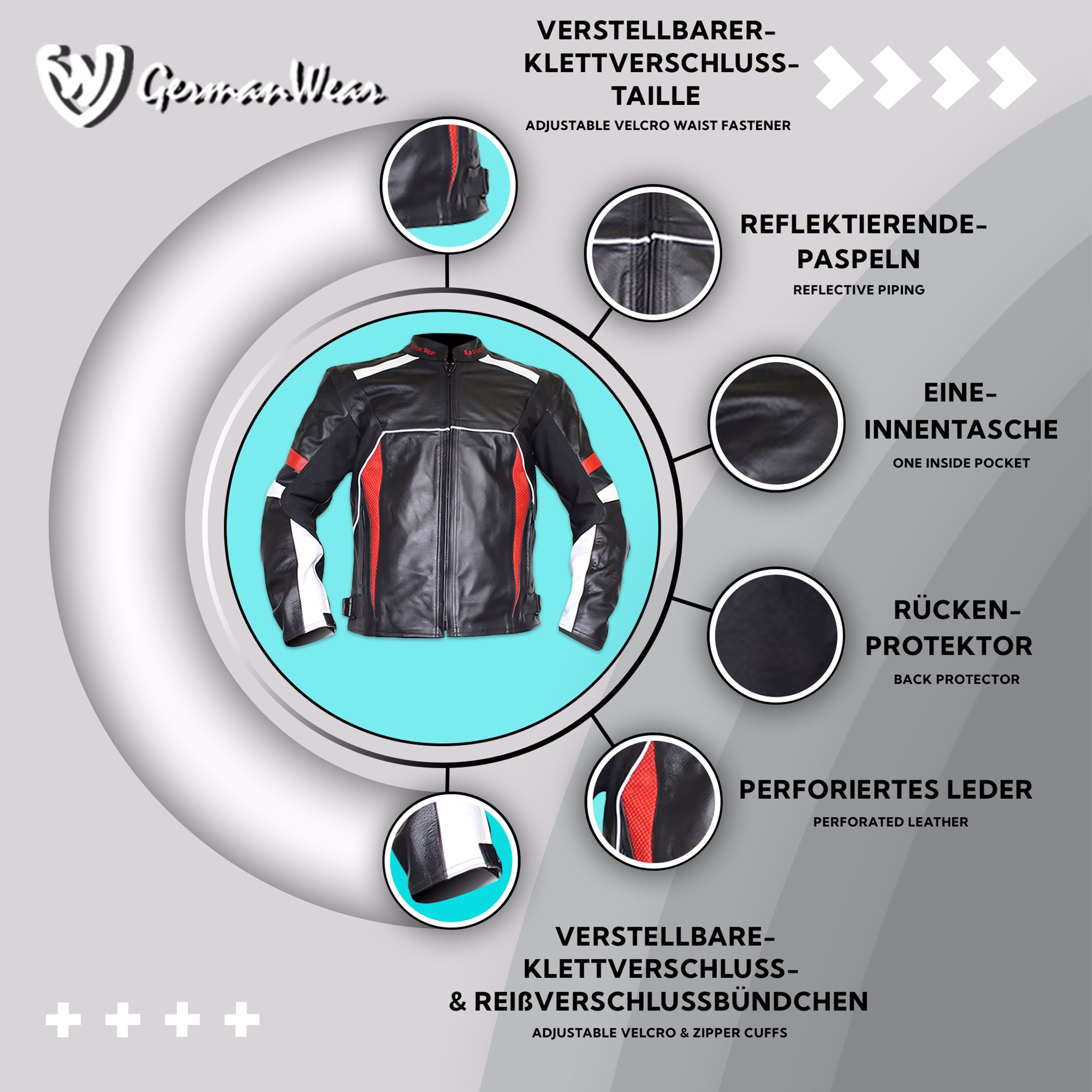 Rote Herren-Leder-Motorradjacke mit Polyesterfutter, Protektoren an Schultern, Ellbogen und Rücken, Frontreißverschluss, perforiertem Leder sowie verstellbaren Klettverschlüssen an Taille und Ärmeln für einen sicheren Sitz.