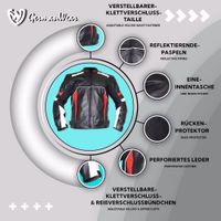 Red men's leather motorcycle jacket with polyester lining, shoulder/elbow/back protectors, front zipper, perforated leather, adjustable Velcro waist and sleeve fasteners for a secure fit.