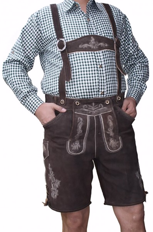 Short Leather Pants Made Of Goat Suede With Suspenders,Color: Dark Brown