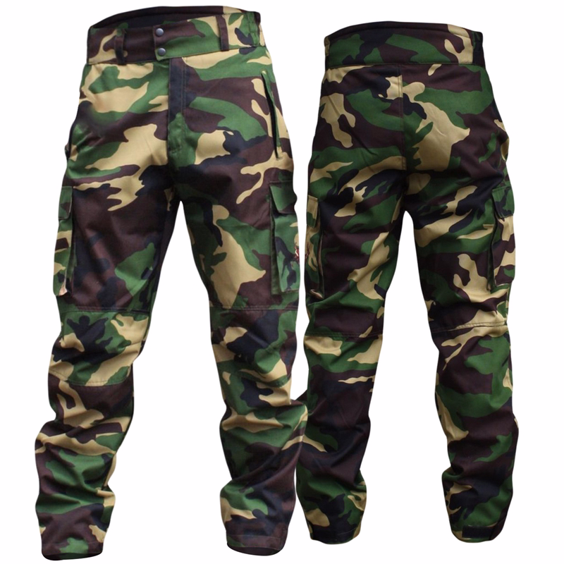 Men's Hunting trousers Front &rear view of Camouflage hunting trousers featuring multiple pockets and a durable design. Design for outdoor activities.The material is likely a blend of polyester and cotton for durability and breathability. Shown from both views.