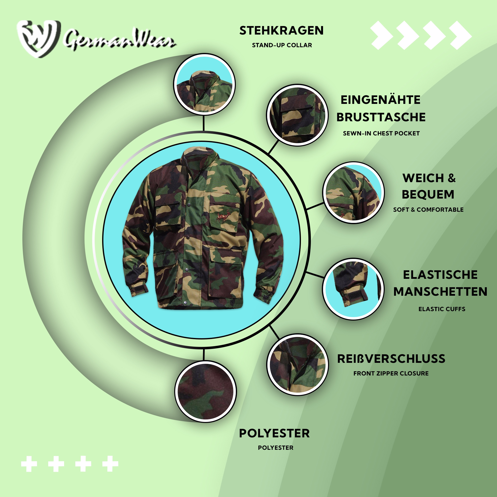 Vielseitige Herren-Hunting-Jacke mit Stehkragen und praktischer eingenähter Brusttasche. Aus 100% Polyester gefertigt, ist die Jacke weich und komfortabel. Mit elastischen Bündchen für festen Sitz und Reißverschluss vorne für einfaches An- und Ausziehen.
