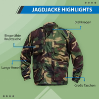 Herren-Hunting-Jacke aus Polyester Herren-Hunting-Jacke in Militärgrün, entworfen für Wärme und Langlebigkeit. Mit Stehkragen, eingenähter Brusttasche, robusten Fronttaschen und langen Ärmeln für zusätzlichen Schutz im Gelände.