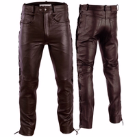 Leathertrousers leatherjeans bikerjeans Buffleather glazed dark Brown Front& rear view of premium buffalo brown leather biker jeans. Step into luxury with stylish glazed leather jeans. Made from 100% buffalo leather in dark brown, these trousers offer unparalleled comfort and style. Buy online and get it deliver free