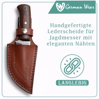 Brown knife sheath genuine leather Close-up of brown leather knife sheath showing detailed handcrafted stitching along the edges